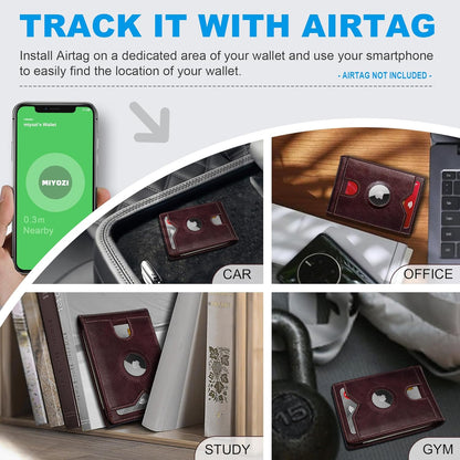 miyozi AirTag Wallet for Men, Slim Leather Bifold with Holder Slot, 2 ID Windows & 13 Card Slots, RFID Blocking Front Pocket Wallet with Gift Box