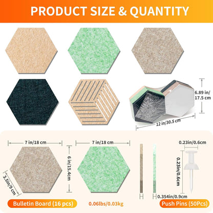 FOCHIER F 10PCS Hexagon Cork Boards for Walls Decor,12"*10.2" Felt Bulletin Board Tiles Sets for Home Office Class Kitchen with 50 Push Pins,Self Adhesive DIY Pin Board for Photos Memos