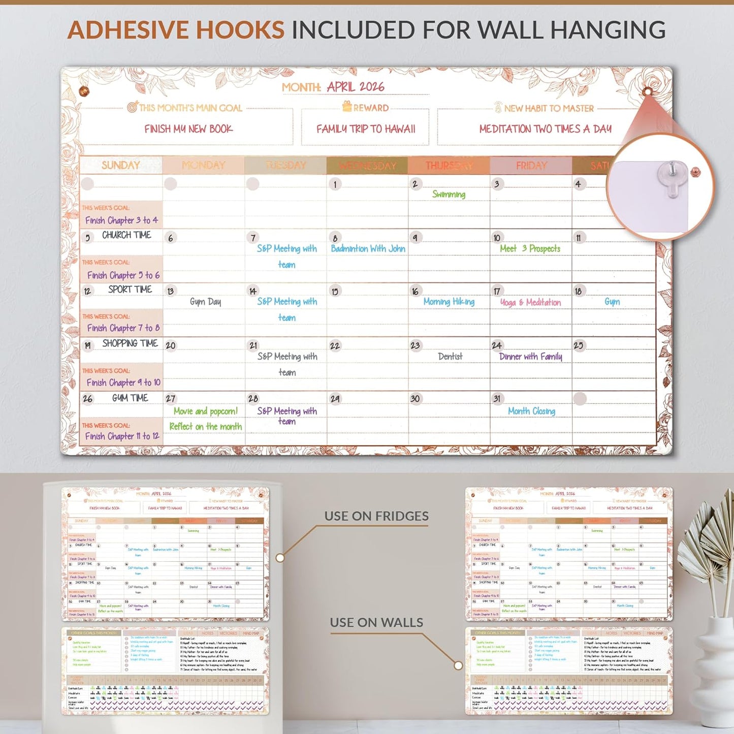 Magnetic Whiteboard for Fridge - Large Dry Erase Calendar for Wall | 2 Magnetic Dry Erase Board 10.5" x 16.5" & 7" x 16.5", Monthly Goal Setting & Habit Tracker, 5 Markers and 6 Adhesive Hooks