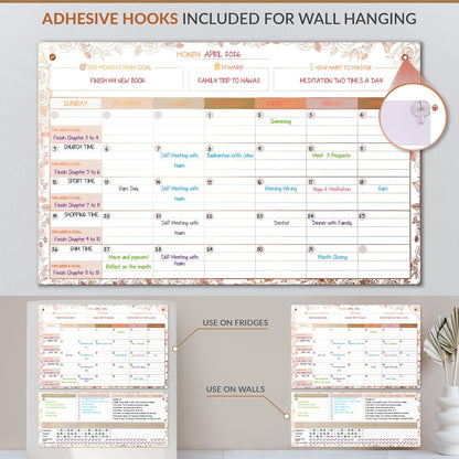 Magnetic Whiteboard for Fridge - Large Dry Erase Calendar for Wall | 2 Magnetic Dry Erase Board 10.5" x 16.5" & 7" x 16.5", Monthly Goal Setting & Habit Tracker, 5 Markers and 6 Adhesive Hooks