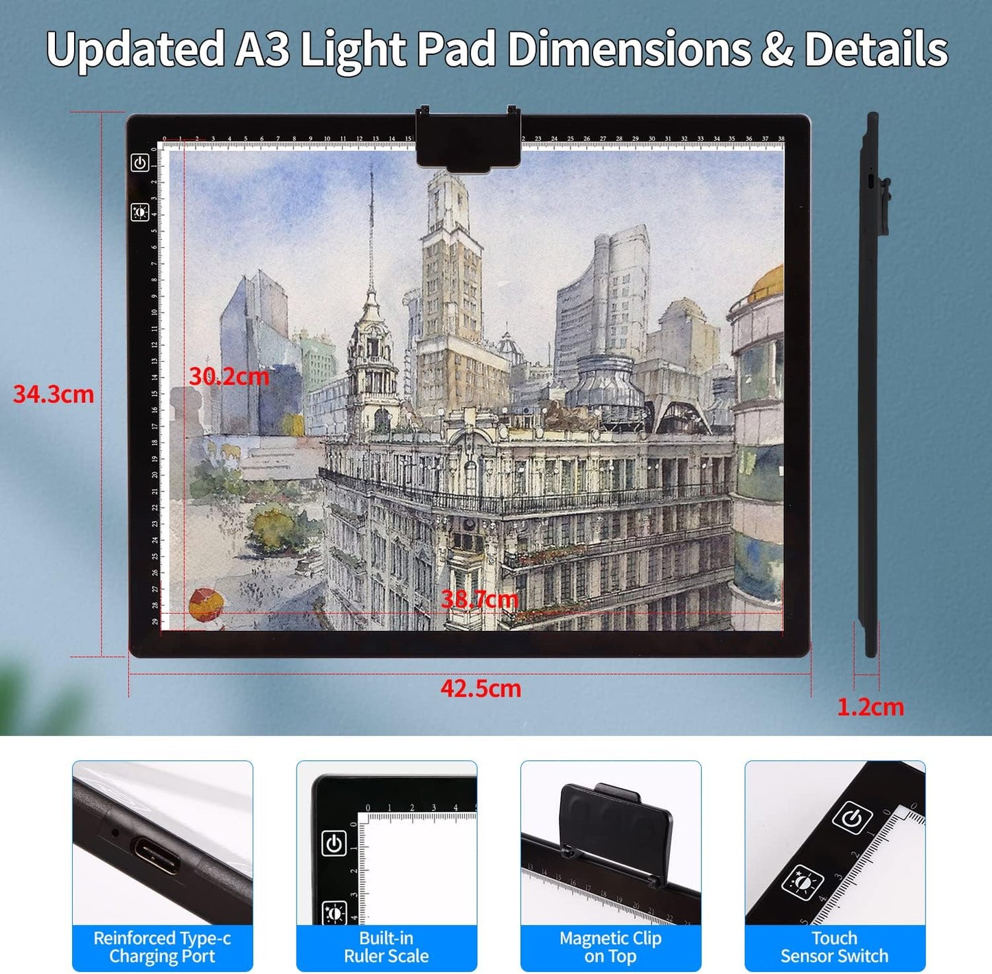 Rechargeable A4 Light Pad with Innovative Stand and Top Clip, Elice Wireless Bright Light Tracing Board Portable LED Artcraft Tracer Box for Artists, Drawing, Cricut Weeding Vinyl, Diamond Painting