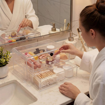 Acrylic Makeup Organizer 2 Drawer Transparent Makeup Storage Box with DIY Flower Nails Tips Jewelry Cosmetic Organizer Dustproof Drawer for Bedroom, Bathroom, Countertop Dresser 7.5 x 4.72 x 3.9 Inch