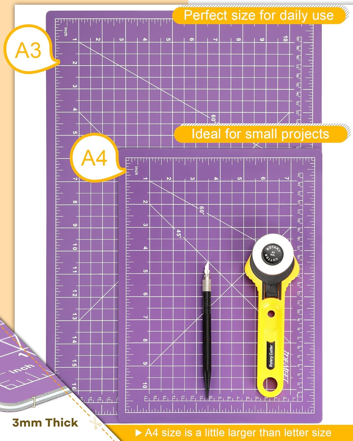 Density-upgraded 18"x12" Self Healing Cutting Mat, Idemeet Rotary Sewing Mat for Crafts, 5-Ply Blade Table Protector Cut Board for Fabric Leather Cutting Quilting Modeling Hobby Project, A3, Black