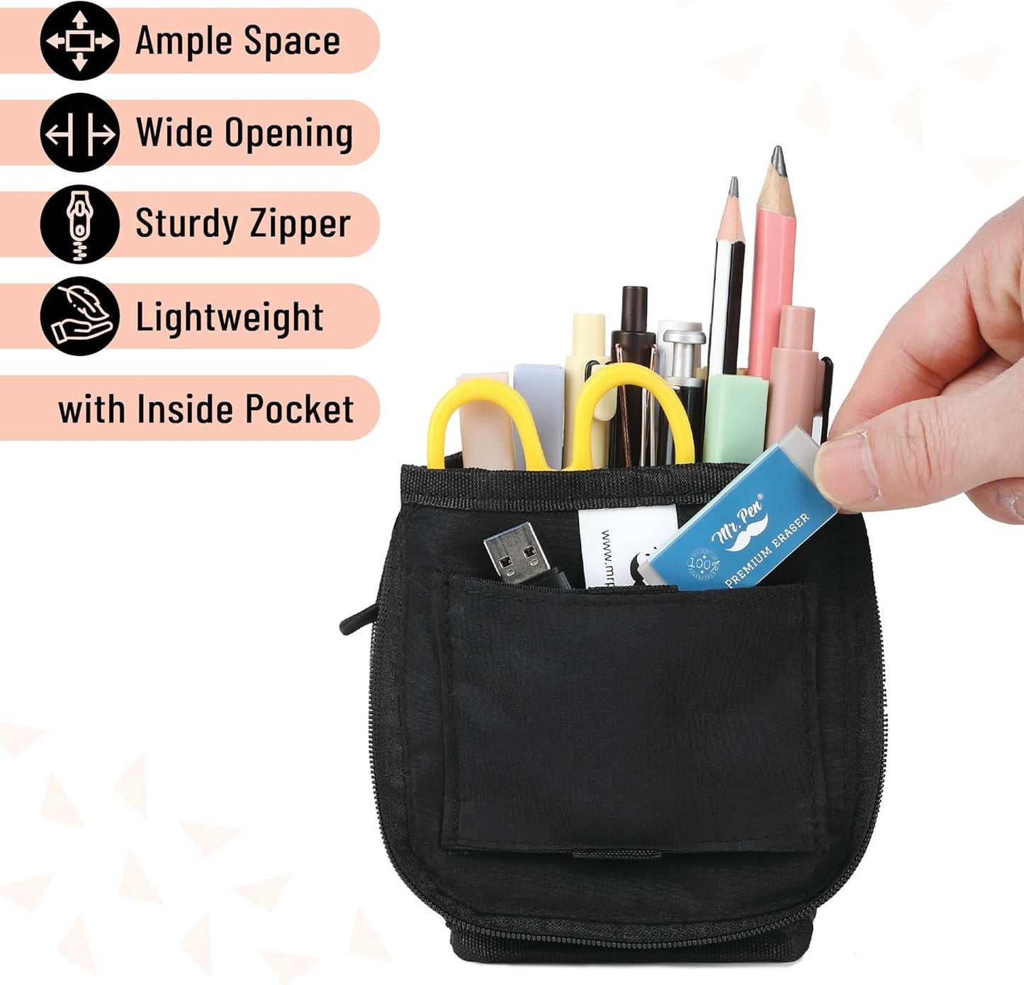 Mr. Pen- Standing Pencil Case Pouch, Sit & Lay Mesh-View Design, Black & Gray, Interior Pocket & 2 Elastic Binder Loops, Cute Pencil Case for Girls and Boys