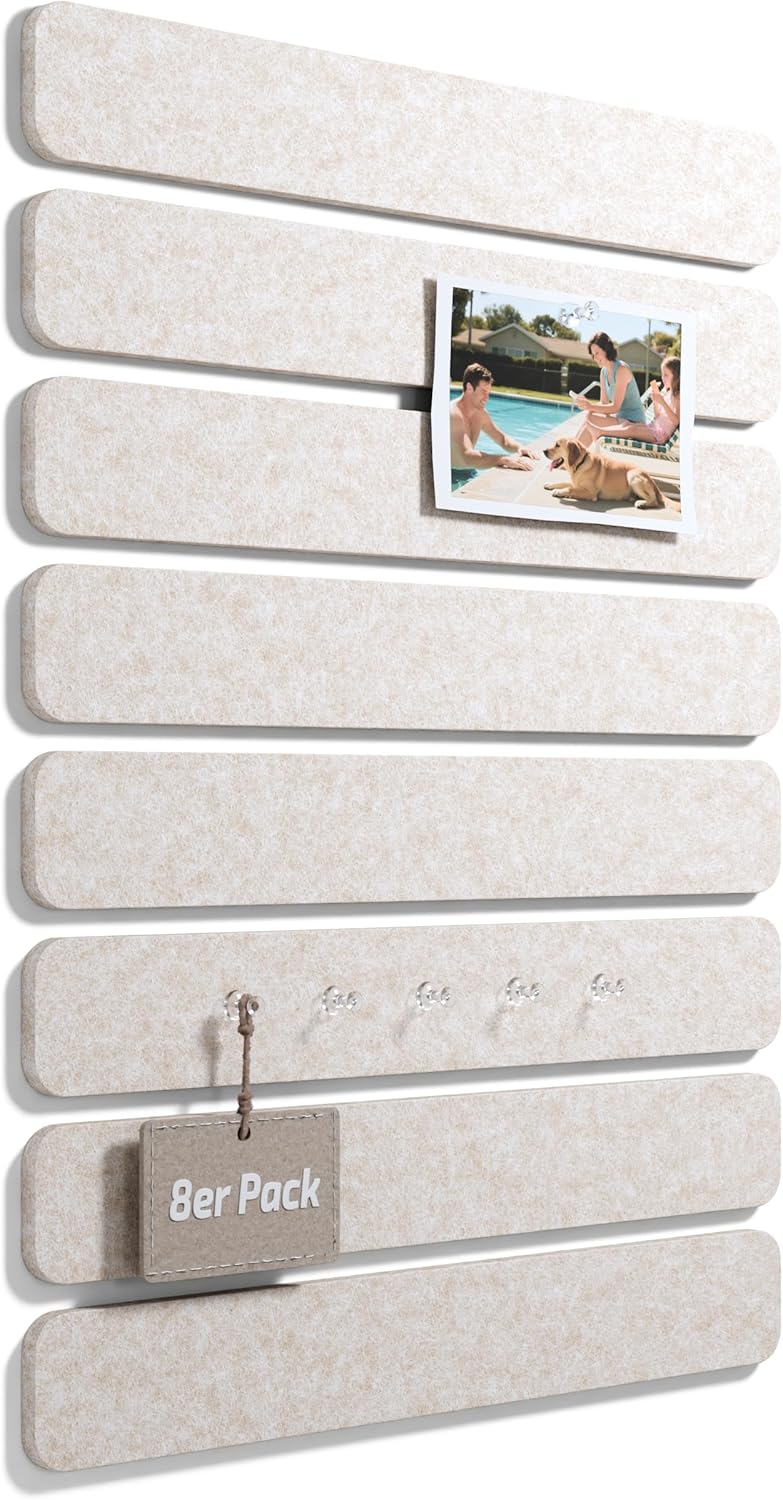 Fluxynara Cork Board Alternative Felt Strip Board 8-Pack 13"x2", Office Pin Board with 50 Push Pins, Adhesive Install for Bedroom Door & Home Office(Linen Dusk)