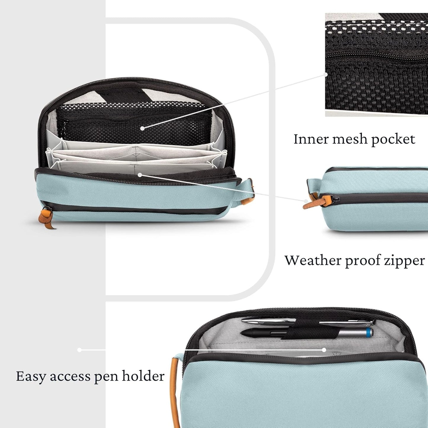 Tech Bag Organizer - Small Electronics Organizer Pouch for Travel - Premium Travel Case with Leather Accents - Mesh Pocket for Cables, Cords and Chargers (Black)