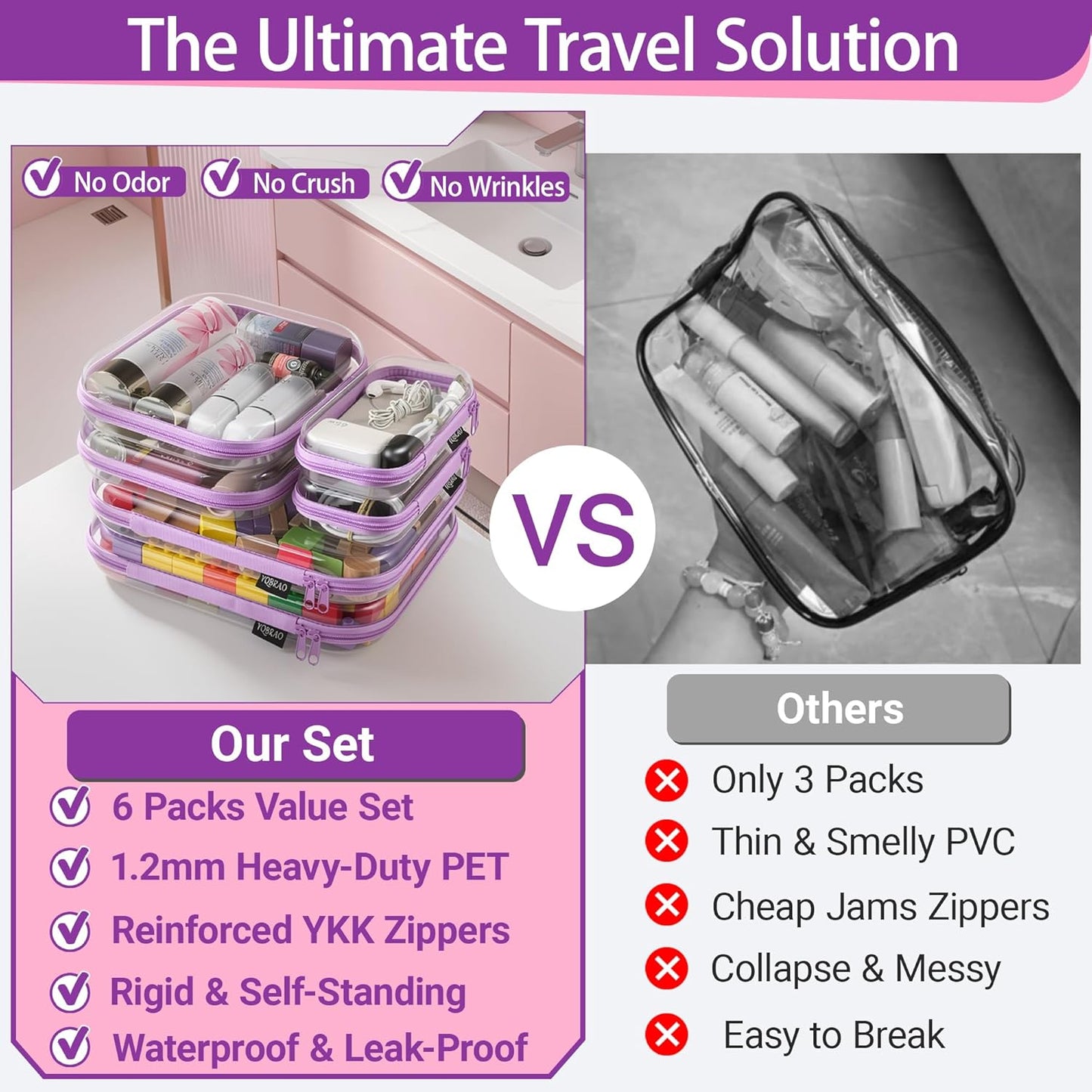 YQBRAO 6 Pack Clear Hard Shell Zipper Case, 1.2mm Heavy Duty Crush-Proof Diaper Bag Organizer Pouches, TSA Approved Travel Makeup Bag for Toiletries & Electronics, (2L, 2M, 2S) Multi-Size Storage Set