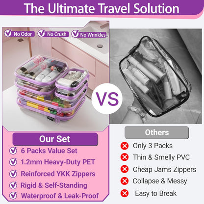 YQBRAO 6 Pack Clear Hard Shell Zipper Case, 1.2mm Heavy Duty Crush-Proof Diaper Bag Organizer Pouches, TSA Approved Travel Makeup Bag for Toiletries & Electronics, (2L, 2M, 2S) Multi-Size Storage Set