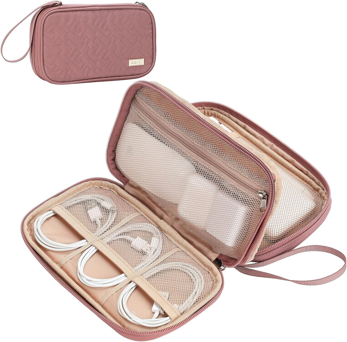 NISHEL Travel Cord Organizer Case, Double Layers Tech Electronic Bag, Essentials for Charger, Cable, Phone, Flash drive, Medium, Pink