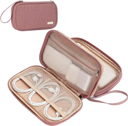 NISHEL Travel Cord Organizer Case, Double Layers Tech Electronic Bag, Essentials for Charger, Cable, Phone, Flash drive, Medium, Pink