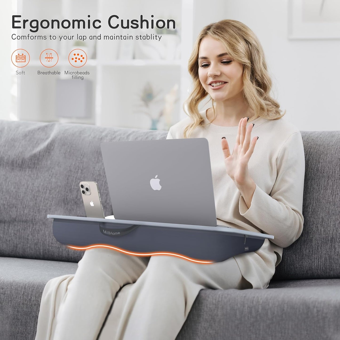 Lap Desk with Cushion, Fits up to 17 inch Laptop, Pillow Designed, Portable Laptop Stand with Tray, Pad & Phone Holder, Home Office for Bed/Couch/Car/Reading/Writing,MillHome (Black)