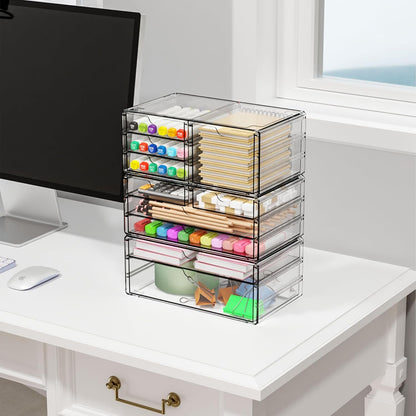 Yieach 2 Pack Acrylic Drawer Organizer With 6 Drawers,Stackable 11.1” Large Clear Storage Drawers and Makeup Organizer For Vanity,Bathroom Countertop,Cabinet,Pantry,Office Supply Storage Bins Drawers