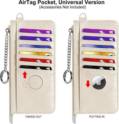 RFID Blocking Slim Credit Card Holder Wallet with Zipper Money Pocket & Keychain, Slim Airtag Wallet for Men Women