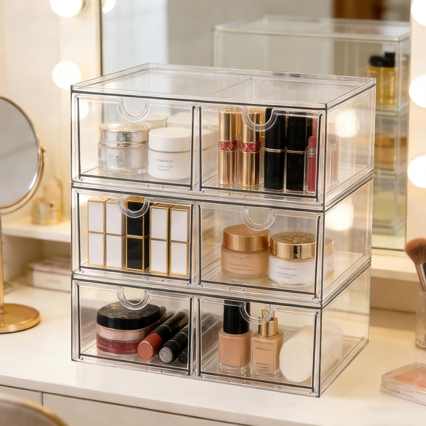 Prsildan Acrylic Drawer Makeup Organizer with 6 Drawers (Not for Baby Bottle), Set of 2 Office Desk Organizers Accessories, Clear Stackable Storage Drawers for Vanity, Craft (Largest Drawer 4" Tall)