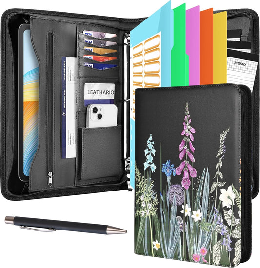 Leathario Portfolio Binder, Includes 10 Sheet Protectors and 3 Notepads, 3-Ring Folder Organizer, A4 Padfolio with Zipper, Vegan Leather Tablet Sleeve, Business Office Conference Clipboards