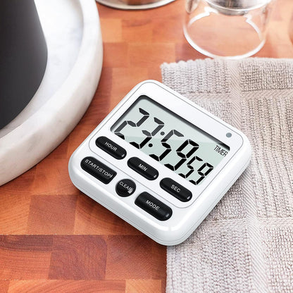 KTKUDY Digital Kitchen Timer with Mute/Loud Alarm Switch ON/Off Switch, 12-Hour Clock & Alarm, Memory Function Count Up & Count Down for Kids Teachers Cooking, Large LCD Display, Strong Magnet (Black)