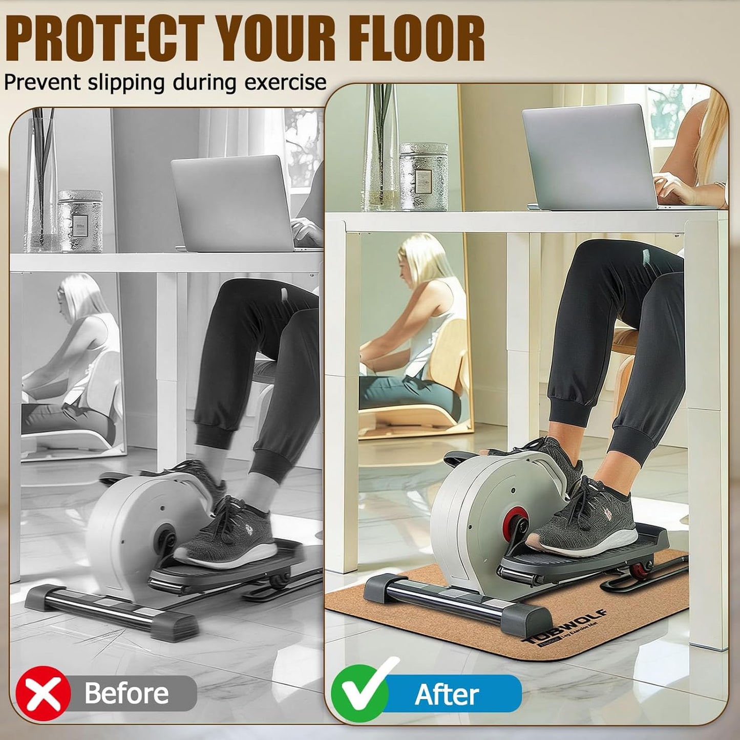 TOBWOLF Non-Slip Workout Mat for Ellipse Leg Exerciser, Ellipse Machine Mat, Exercise Mat for Under Desk Ellipticals, Suitable for Electric Seated Foot Pedal Exerciser, Stability & Floor Protection