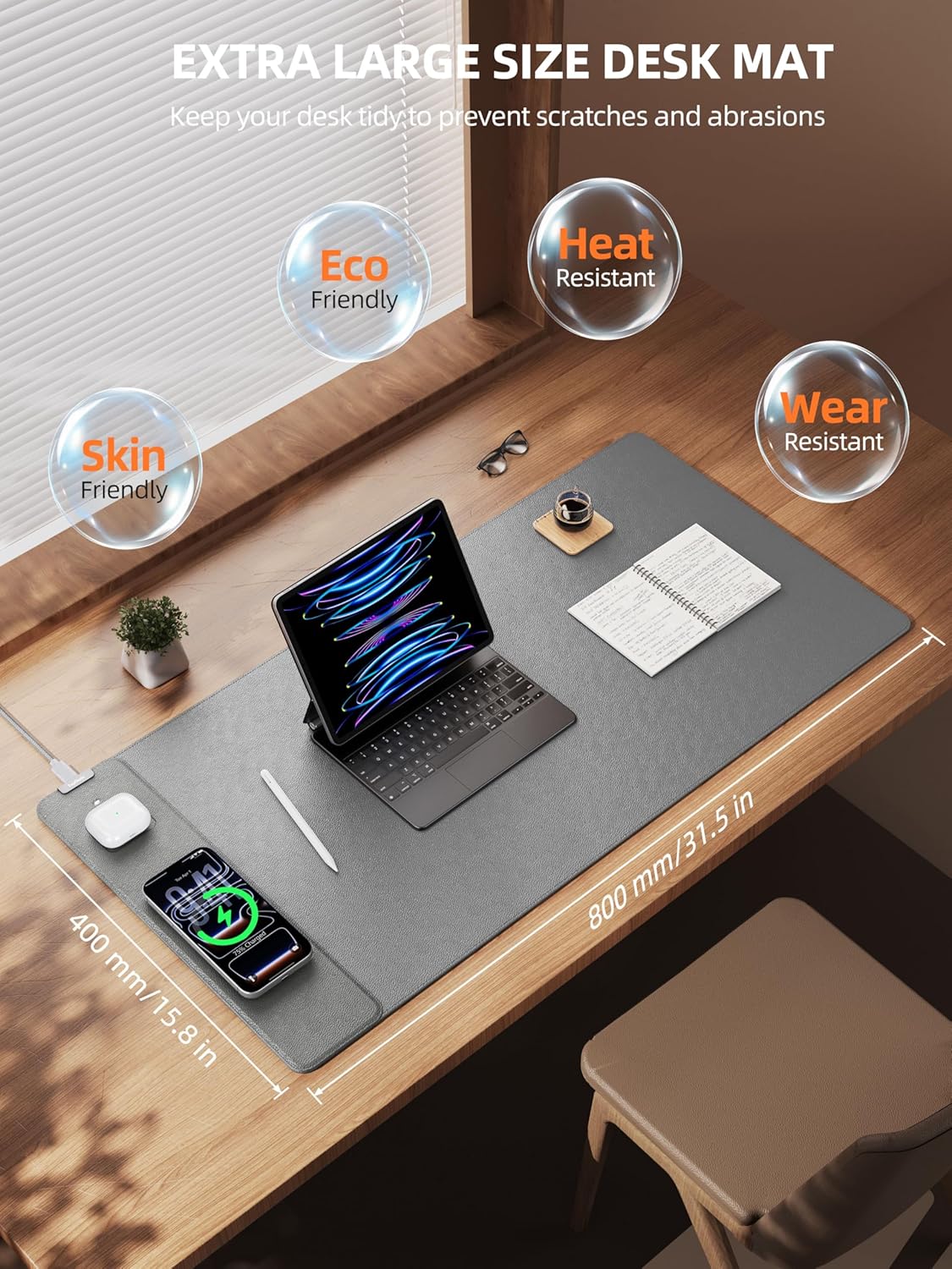 TopMade Mouse Pad with 15W Wireless Charging, XXL Large Leather Desk Mat, Waterproof Gaming Mousepad Home Office Desk Pad Protector, Computer Keyboard Pad, Mouse Mat for MacBook, PC, Laptop, Black
