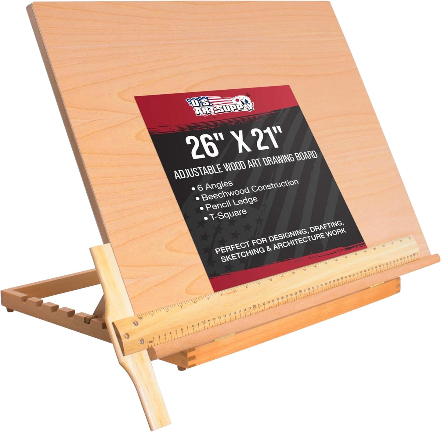 U.S. Art Supply X-Large 26" x 21" Wooden Drawing Board, Adjustable Table Top Easel for Painting and Drawing - Drafting Board with T-Square, Pencil Ledge
