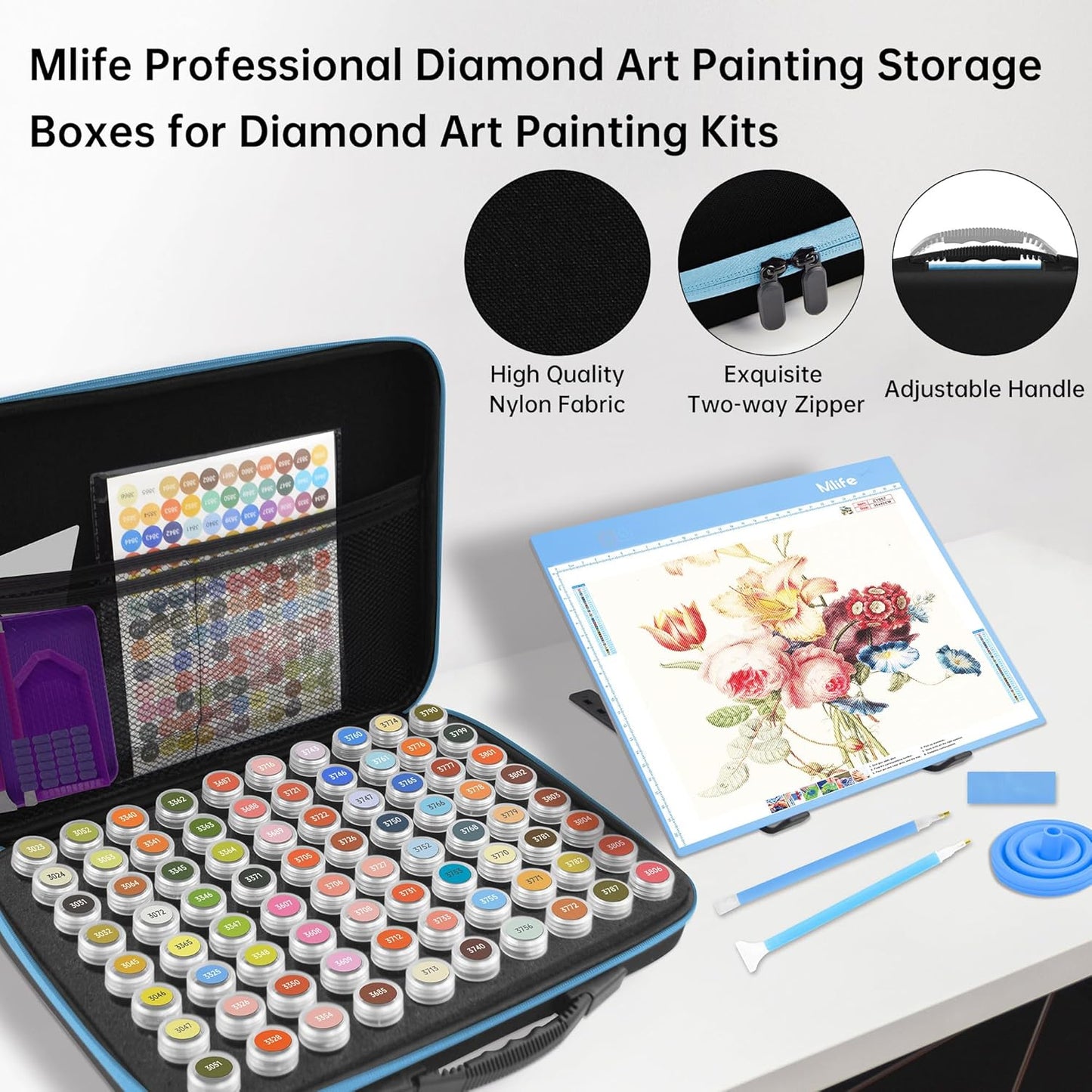 Mlife Diamond Painting Storage Boxes,1 Diamond Painting A4 Light Box Tracing Light Board with 3 Brightness, 80 Slots Bead Storage with 5D Diamond Art Accessories and Tools Kit（Purple）