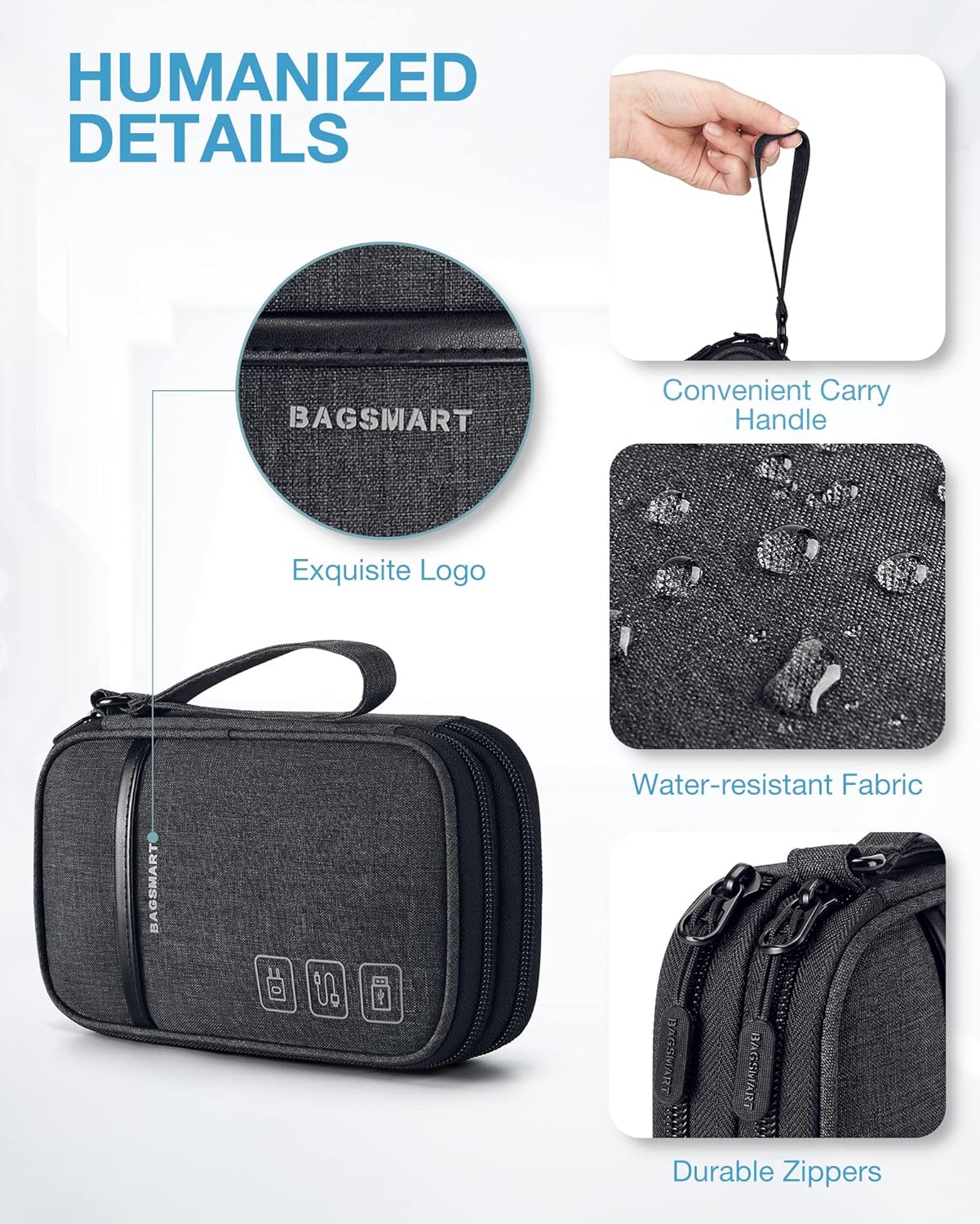 BAGSMART Cord Organizer Travel Cable Organizer Bag Tech Electronic Organizer Travel Case, Travel Essentials for Charger, Cable, Phone, Flash drive, Single Layer - Black