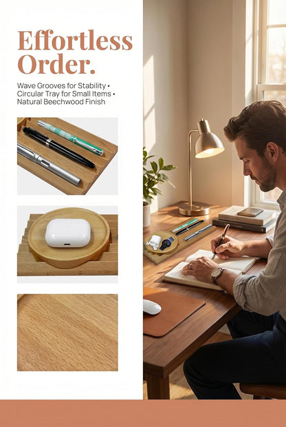 Pen Holder Wave Pen Tray Wooden Desk Organizer,Pencil Holder,Fountain Tray,Pencil Organizer for Desk (Walnut)