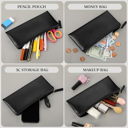 MROCO Pencil Case Black Pencil Bag PU Leather Pen Case Small Zipper Pouch for Pencils, Pens, Markers, Makeups, Change, Coins