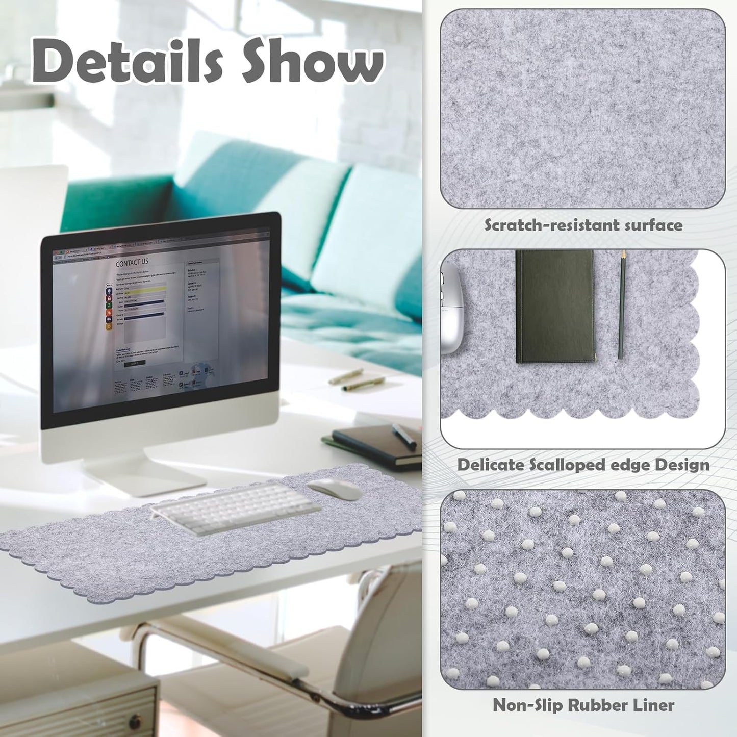 Copkim 35 x 16.5 Inch Felt Desk Mat with Scalloped Edges, Large Felt Mouse Pad Non Slip Scalloped Computer Laptop Desktop Pad for Keyboard and Mouse Home Office(Gray)