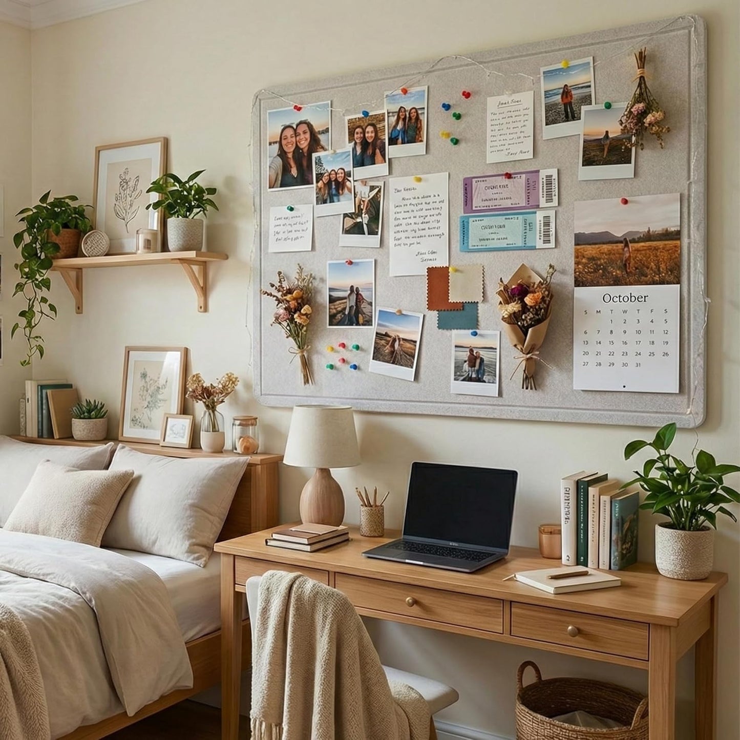 AKTOP Bulletin Board, 24" x 16" Foldable Felt Notice Pin Board for Wall, Decorative CorkBoard Photo Display Board with Self-Adhesive Tape, Vision Board Cork Board Alternative with 25 Pushpins - Latte