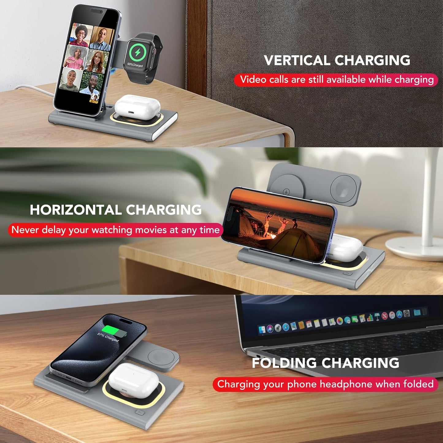 3 in 1 Foldable Charging Station for Apple Products,Wireless Charger for iPhone 17 16 15 14 13 12 Pro Max,Travel Dock Adapter&Light for iWatch Series 11 10 9 Ultra 3/2 SE 3/2,for AirPods 4 3 2 Pro 3/2