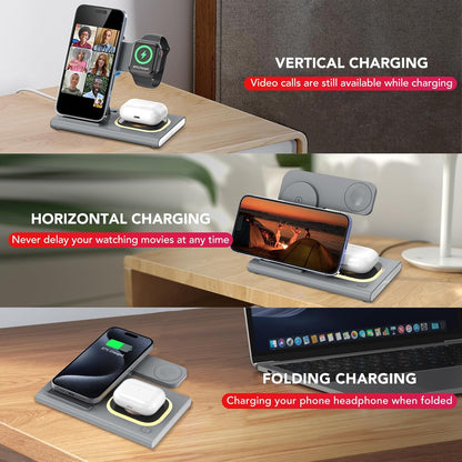 3 in 1 Foldable Charging Station for Apple Products,Wireless Charger for iPhone 17 16 15 14 13 12 Pro Max,Travel Dock Adapter&Light for iWatch Series 11 10 9 Ultra 3/2 SE 3/2,for AirPods 4 3 2 Pro 3/2