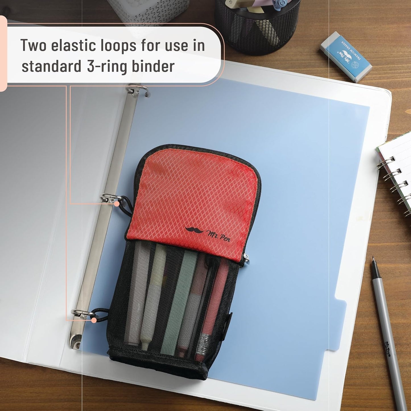 Mr. Pen- Standing Pencil Case Pouch, Sit & Lay Mesh-View Design, Black & Gray, Interior Pocket & 2 Elastic Binder Loops, Cute Pencil Case for Girls and Boys