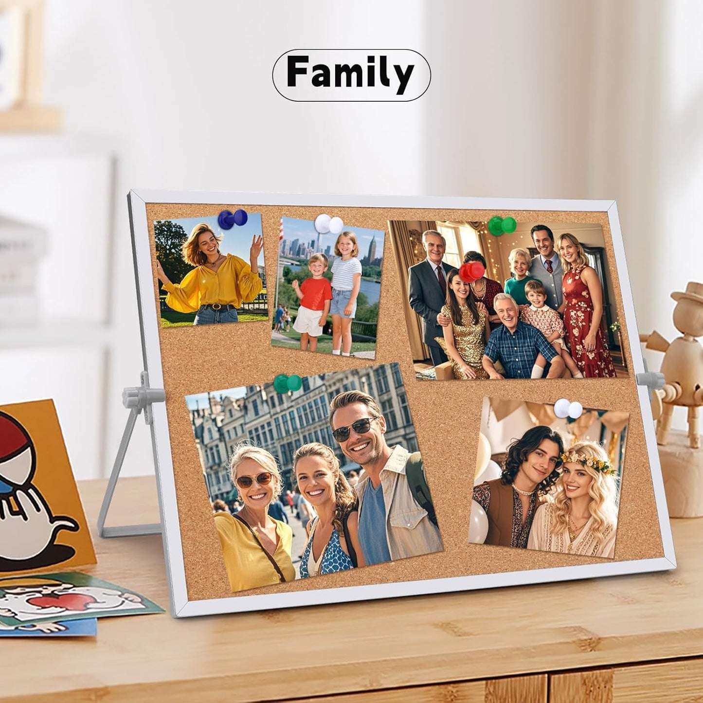 9.8"×9.8" Cork Board Bulletin Board, Double Sided Pin Board with Silver Aluminum Border, Desktop Small Cork Board with Stand Suitable for Home, Office, Desk Message Board or Picture Board