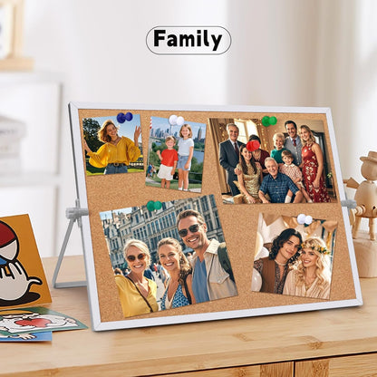 9.8"×9.8" Cork Board Bulletin Board, Double Sided Pin Board with Silver Aluminum Border, Desktop Small Cork Board with Stand Suitable for Home, Office, Desk Message Board or Picture Board