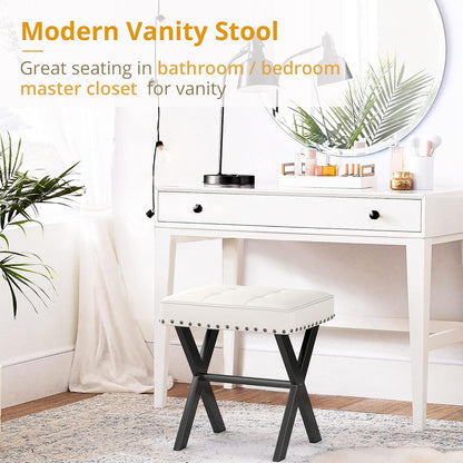 LUE BONA Square Linen Makeup Stool, Metal X Legs, Small Ottoman Stool Chair for Vanity, Modern Padded Seat Foot Rest for Makeup Room, Bathroom
