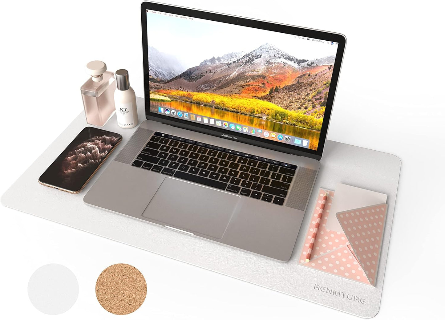 RENMTURE Dual-Sided Mouse Pad, Natural Cork & PU Leather Large Desk Pad for Office and Home Work, Desk Protector Non-Slip, Waterproof, Easy Clean (Olive Green, 32"x16")
