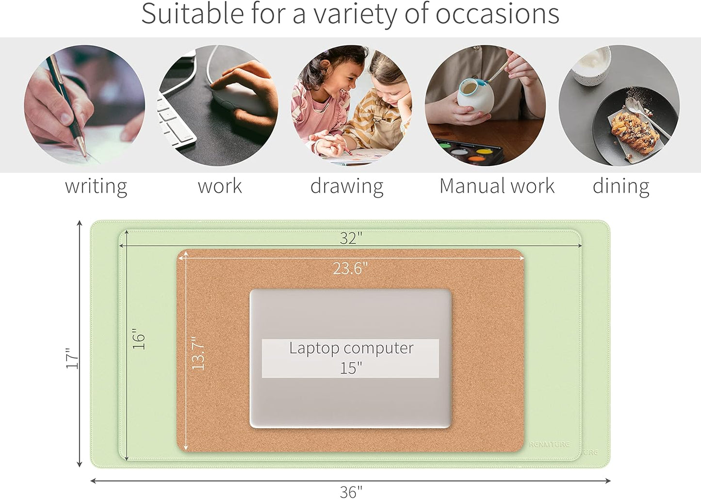 RENMTURE Dual-Sided Mouse Pad, Natural Cork & PU Leather Large Desk Pad for Office and Home Work, Desk Protector Non-Slip, Waterproof, Easy Clean (Olive Green, 32"x16")