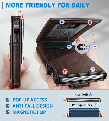 miyozi Airtag Wallet for Men Money Clip 9-Card Pop-Up Credit Card Holder with ID Window RFID Blocking Metal Case Magnetic Closure Front Pocket Wallet Gift Box | with Money Clip