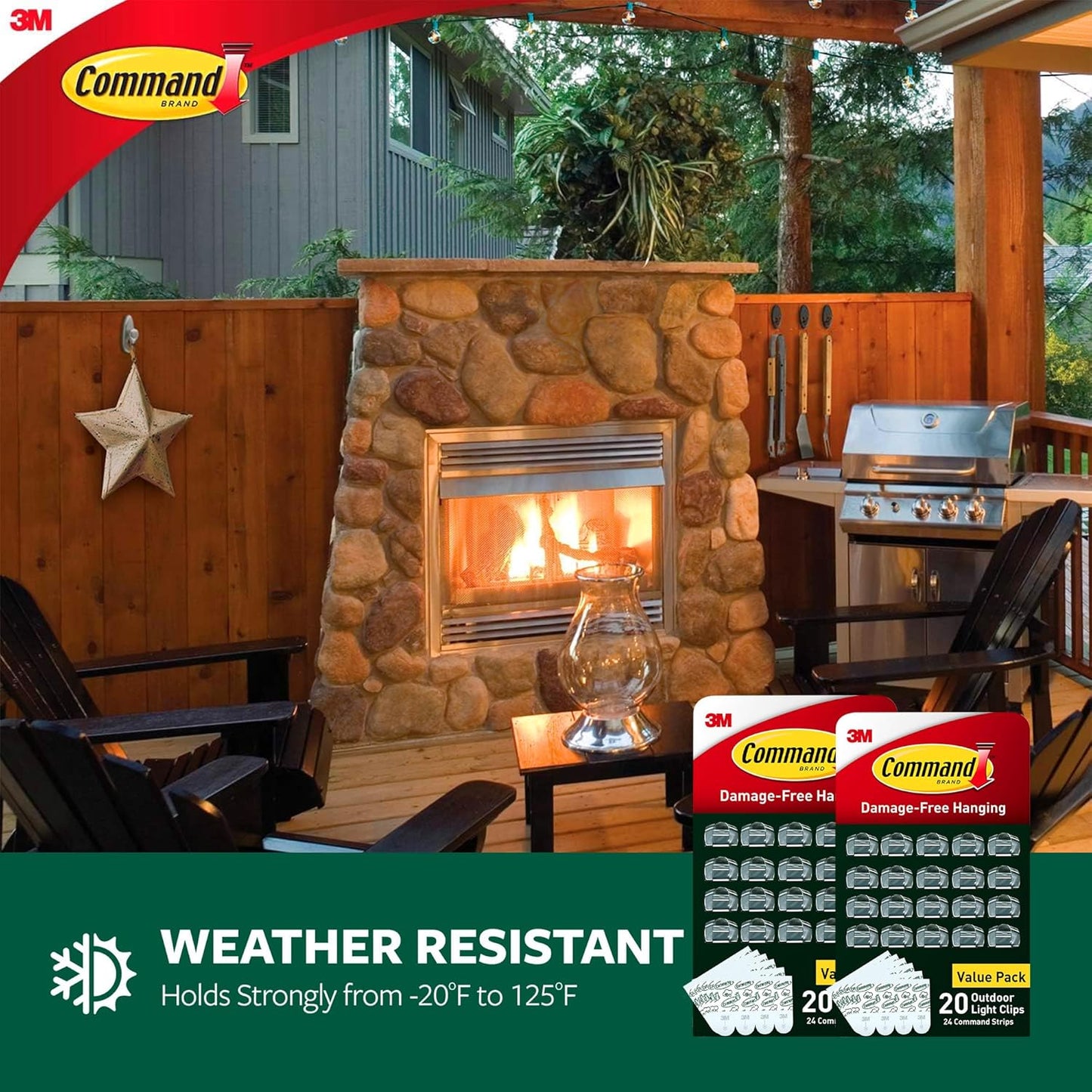 Command Outdoor Light Clips, 20 Clear Clips and 24 Command Strips, Damage-Free Hanging Outdoor Light Clips with Weather Resistant Strips, Wall Clip for Hanging Outdoor Lights and Cable Management