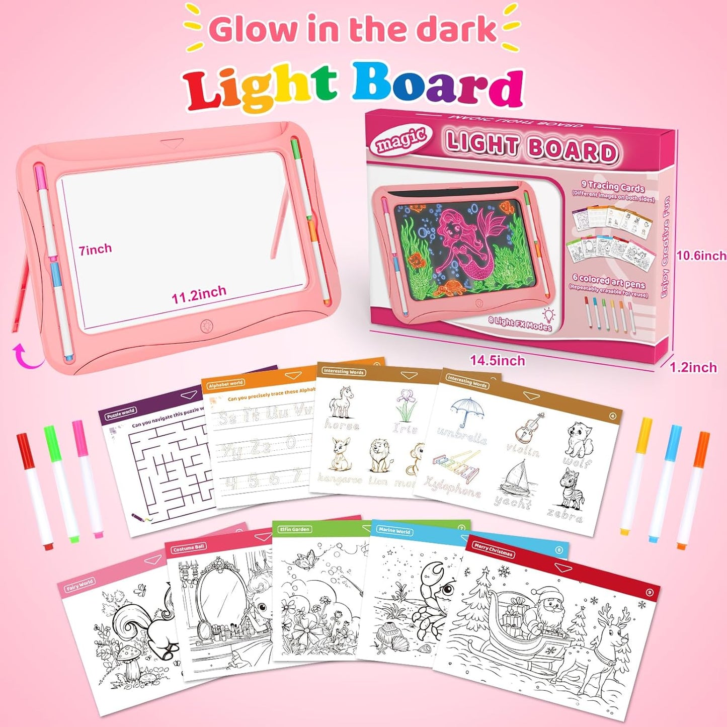LED Drawing Board, Magic Kids Toys for Boys 4-6, Christmas Birthday Gifts, Light Up Tracing Pad, 9 Double-Sided Cards, 6 Markers, Glow in The Dark Doodle Writing Tablet, Learning Toy Arts Crafts Kits