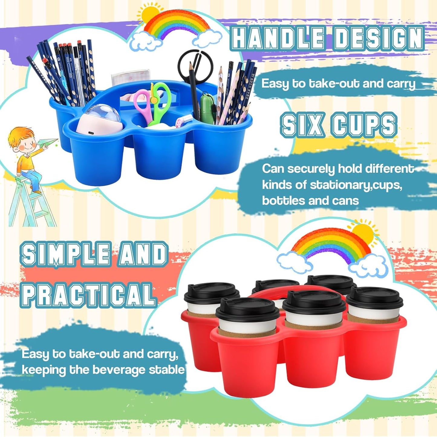 Haundry 6 Pack Classroom Caddy Storage Basket with Handle, Plastic Drink Cup Caddy Holder, 6 Compartments for Kids, Table, Office, Arts, Crafts, Crayon, Marker, Pencil, School Supplies
