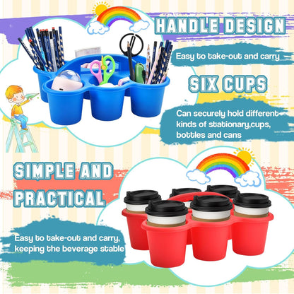 Haundry 6 Pack Classroom Caddy Storage Basket with Handle, Plastic Drink Cup Caddy Holder, 6 Compartments for Kids, Table, Office, Arts, Crafts, Crayon, Marker, Pencil, School Supplies
