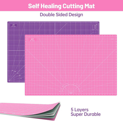 Headley Tools Rotary Cutter Set - 45mm Fabric Cutter, 5 Extra Rotary Blades, A3 Cutting Mat, Quilting Ruler and Sewing Clips, Craft Knife Set, Ideal for Crafting, Sewing, Patchworking, Purple
