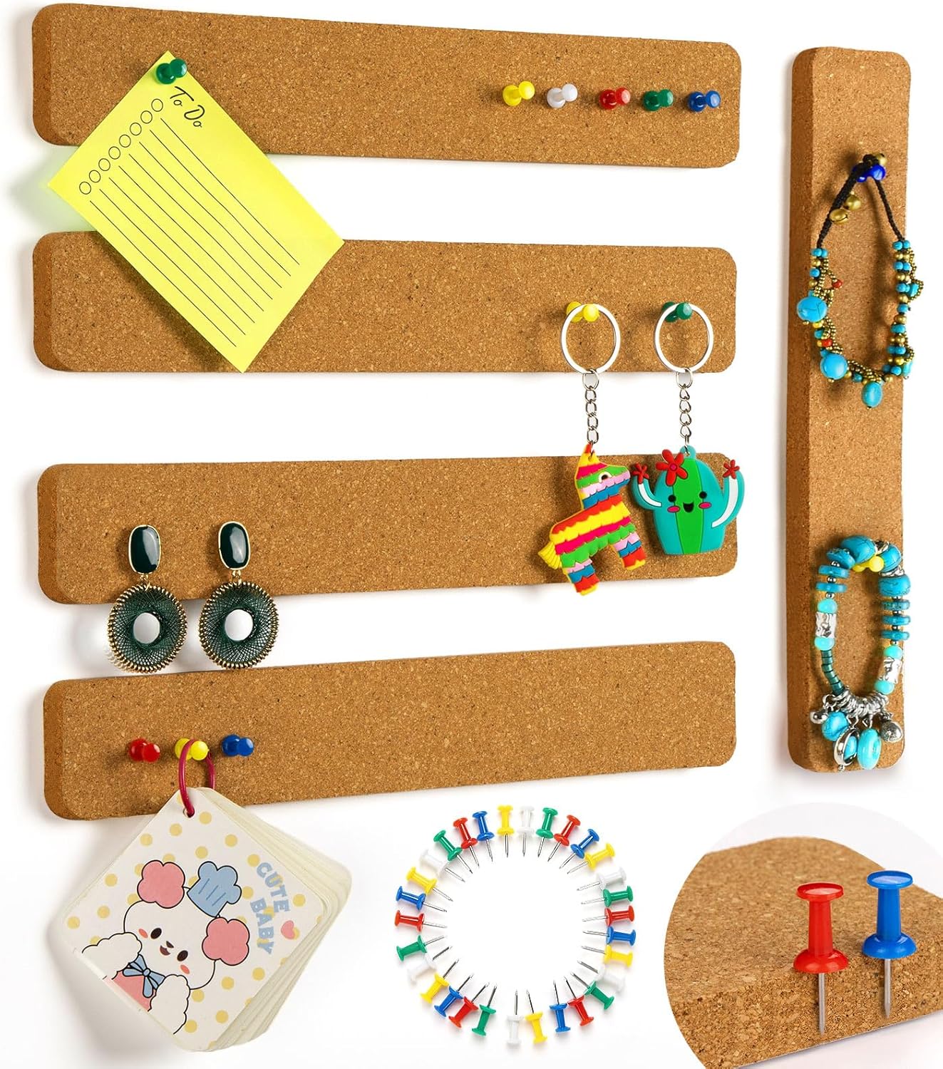 6 Pack Corkboard Strips for Walls, Self Adhesive Thick Cork Board Strips, Peel and Stick Cork Board with 50 Push Pins for Paste Notes, Photos, Schedules