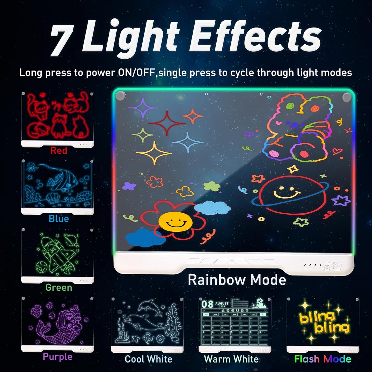 Rechargeable Led Drawing Board for Kids, 16.7" Portable Doodle Glow LED Note Board with 7 Colors, DIY Neon Art Dry Erase Light Up Drawing Pad, Perfect Christmas & Birthday Gifts for Girls Boys