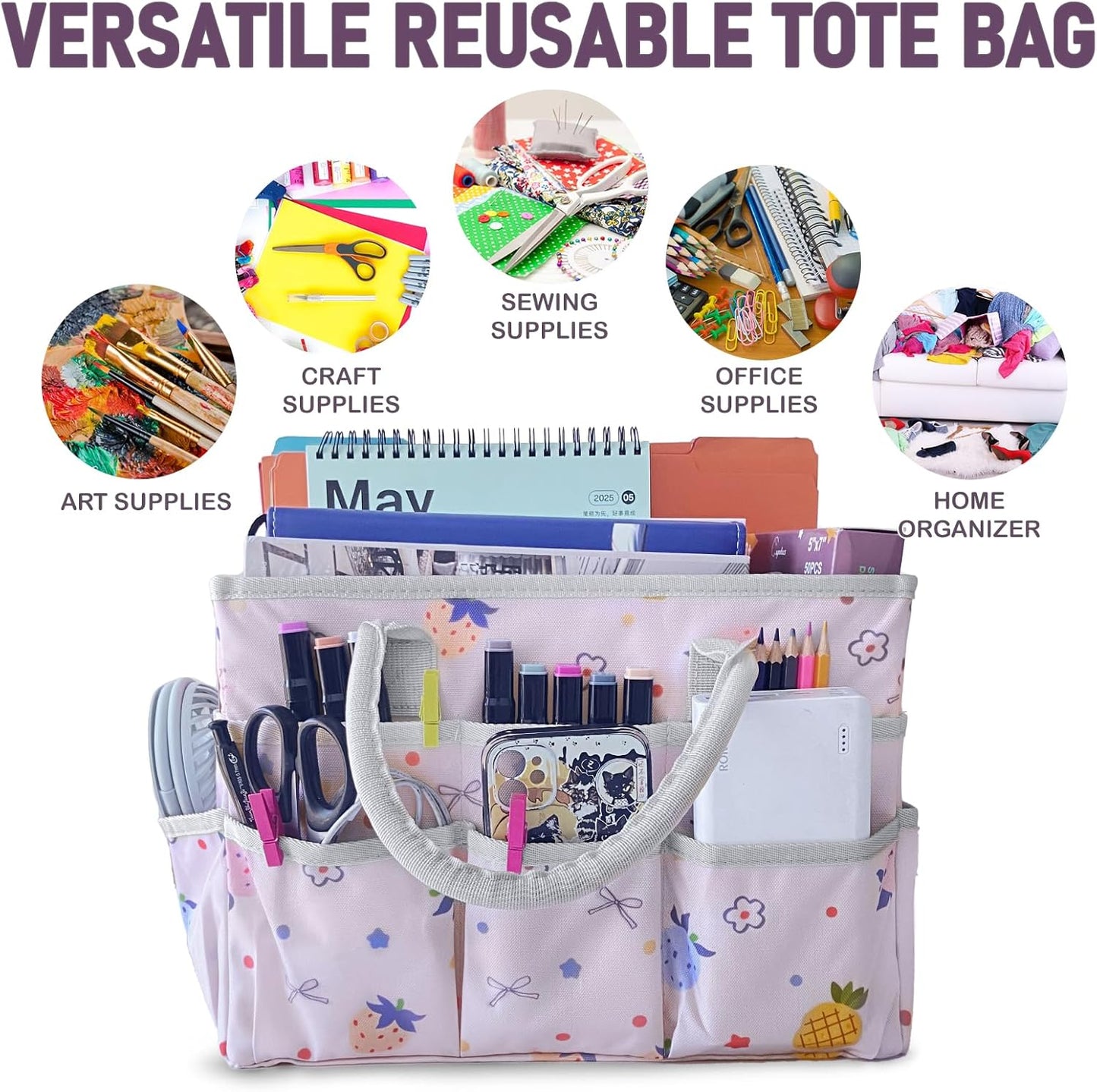Cupohus Art Organizer Craft Storage Tote Bag with Pockets and Handles, Oxford Fabric Carrying Caddy for Teacher, Officer, Artist, Traveler –Purple