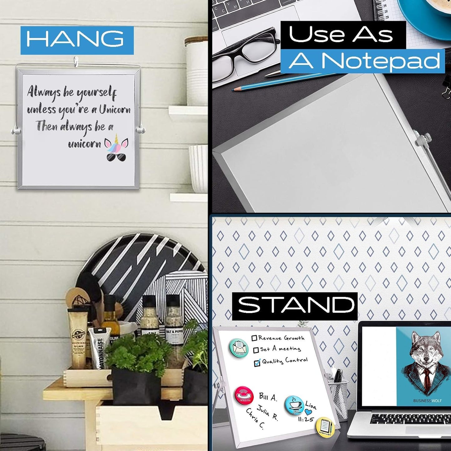 Dry Erase White Board for Desktop & Wall 12"x16" with 2 Magnetic Removable Planners - Weekly & Monthly to Do List Board with Stand, 6 Markers Eraser & Wall Hangers - Portable Double Sided Magnetic