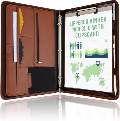 STYLIO Zipper Padfolio Portfolio Binder Organizer | Faux Leather Portfolio for Resume, Documents, Phone, Tablet, Business Supplies and Cards | Notebook Organizer with Letter Sized Notepad Included