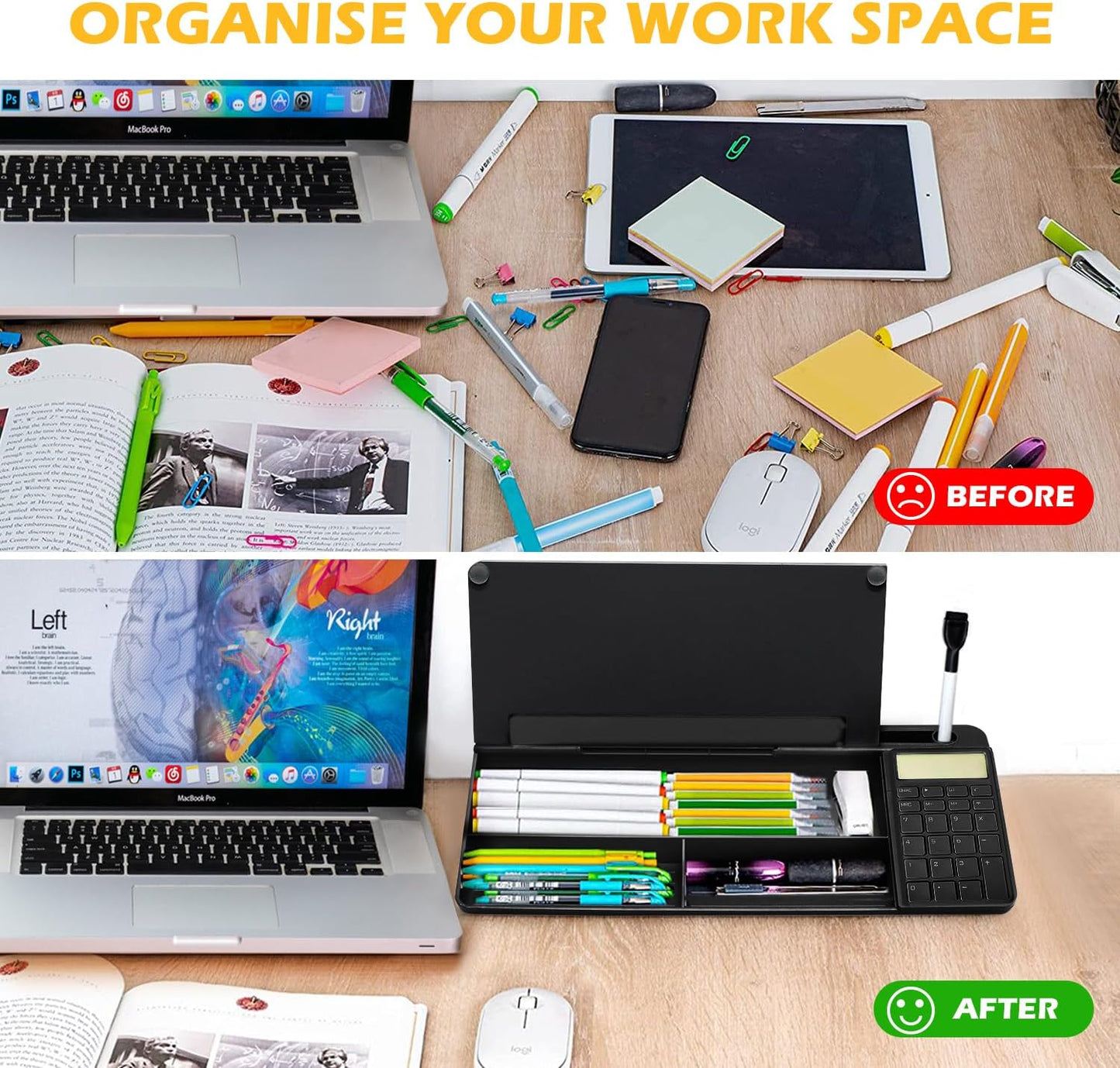 Desktop Glass Whiteboard with Mirror & Calculator(12 Digit LCD Display) & Ruler Marker,Tilted Computer Keyboard Stand with Dry Erase Board Surface, Desk Organizers with Accessories,Black