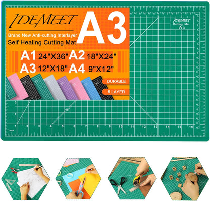 Density-upgraded 18"x12" Self Healing Cutting Mat, Idemeet Rotary Sewing Mat for Crafts, 5-Ply Blade Table Protector Cut Board for Fabric Leather Cutting Quilting Modeling Hobby Project, A3, Black
